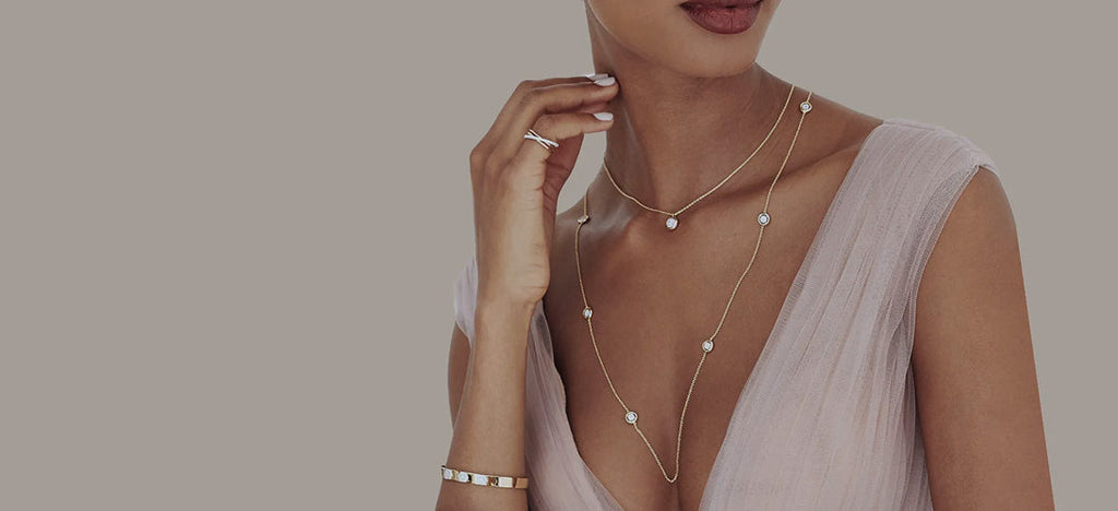 “Close-up of a woman wearing a necklace, featured in a jewelry advertisement.”